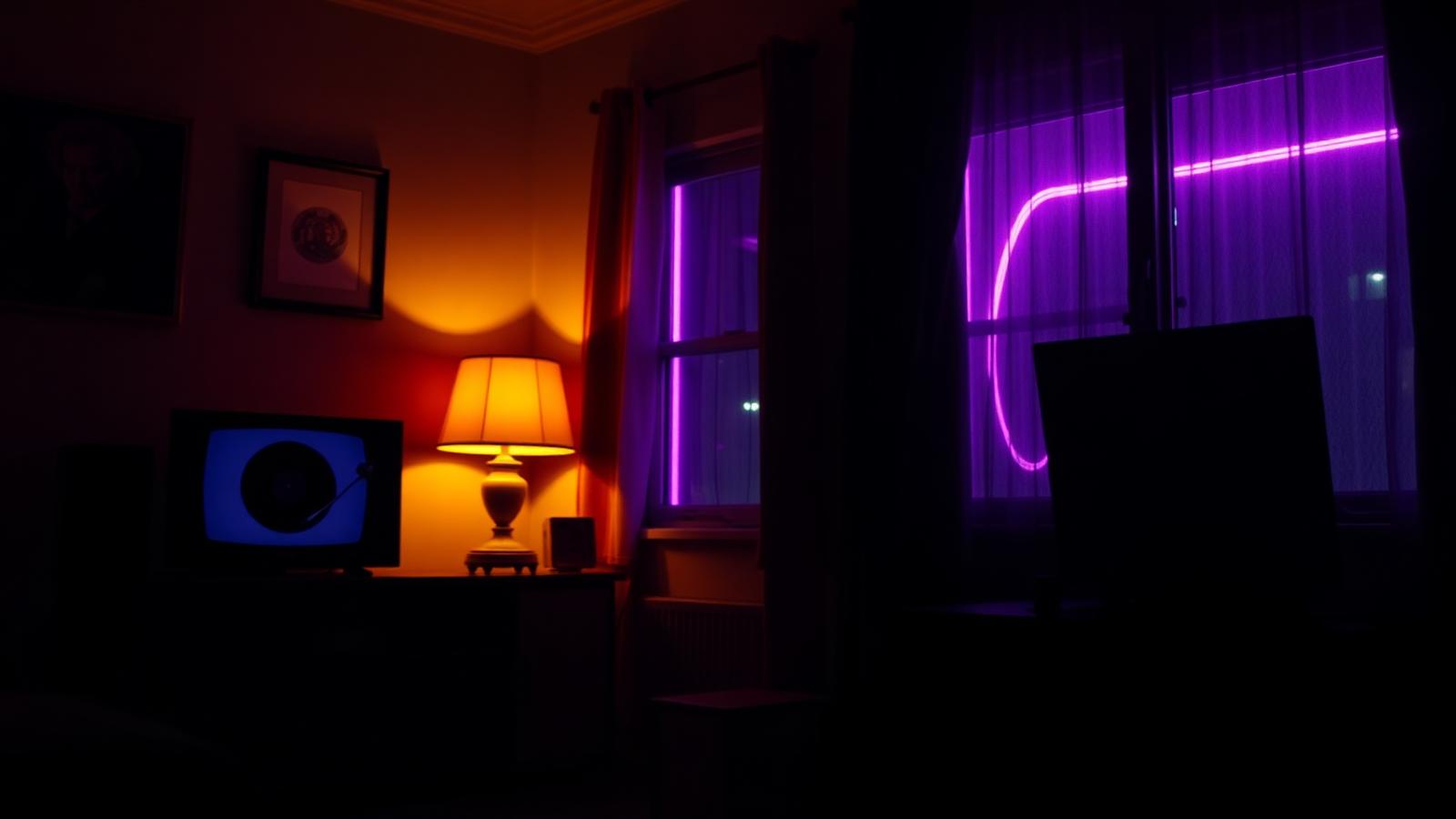 A dim living room at 2:30 a.m., warm lamp light and purple neon through the curtains